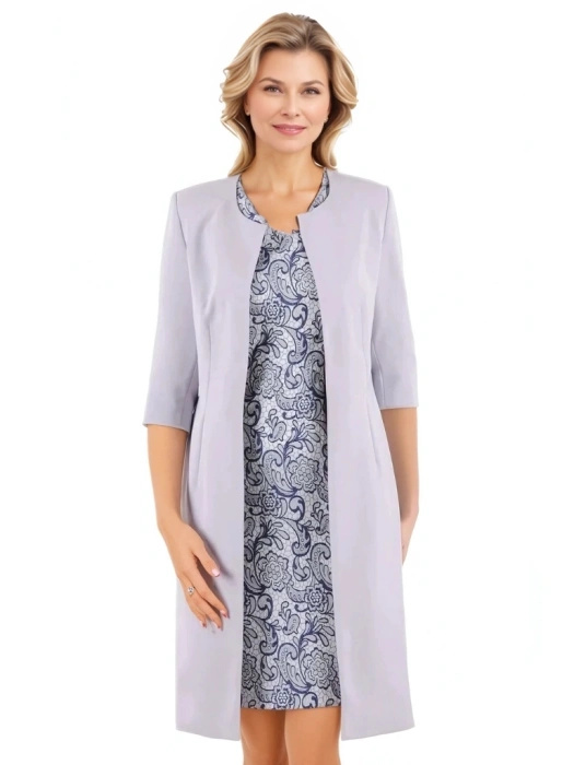 Elegancka garsonka damska na wesele z motywem kwiatów – kobiecy prosty fason z żakietem 36795
