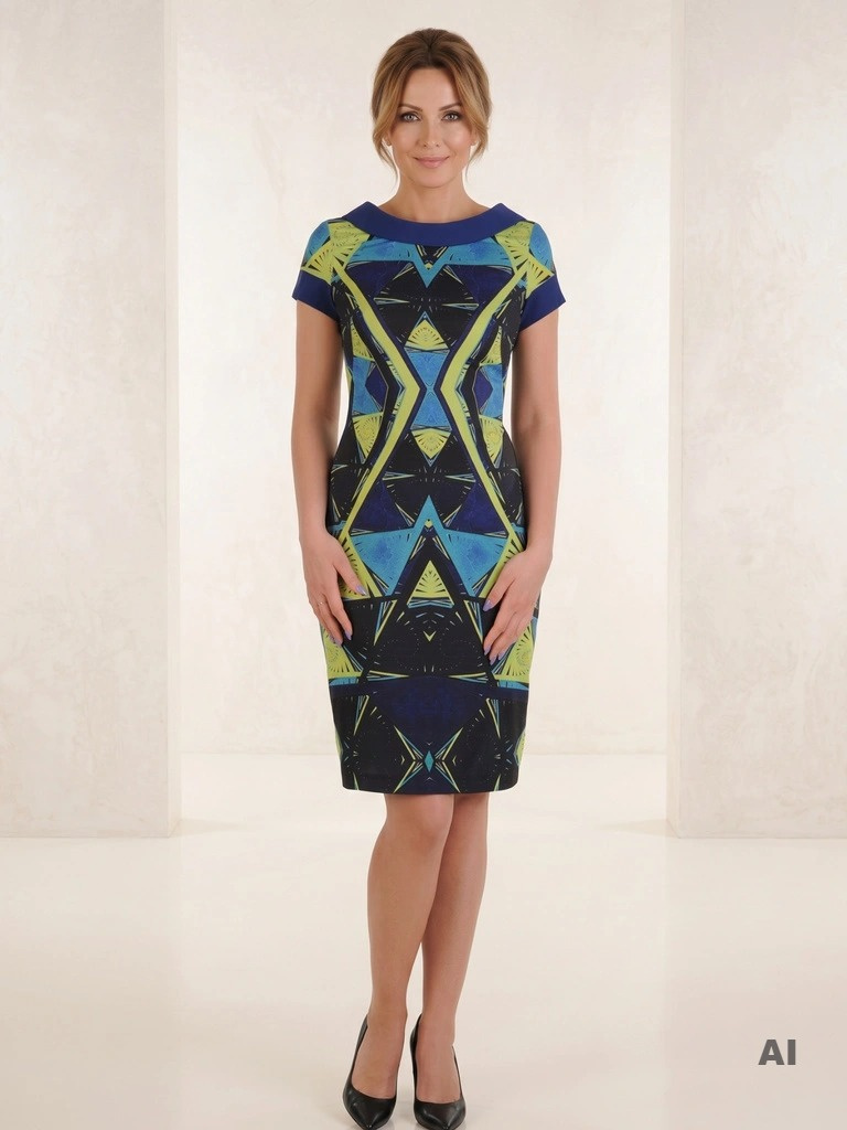 Niebieska sukienka w geometryczne wzory midi – prosty, elegancki fason na co dzień i do pracy 20520