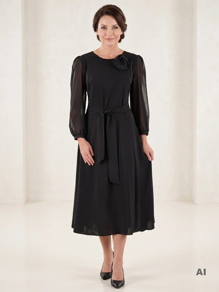 Czarna sukienka maxi rozkloszowana z akcentem w talii – elegancki model z odpinaną ozdobą 40454