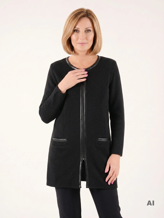 Elegancki sweter damski rozpinany czarny – modne wstawki z ekoskóry i prosty krój 38959