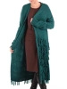 Elegancki sweter damski rozpinany w odcieniu butelkowej zieleni – luźny fason z frędzlami 40460