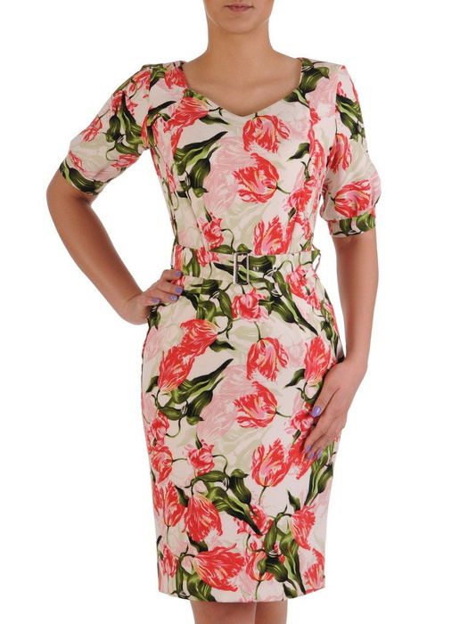 Wiosenna sukienka z paskiem, elegancka kreacja w piękne kwiaty 20150