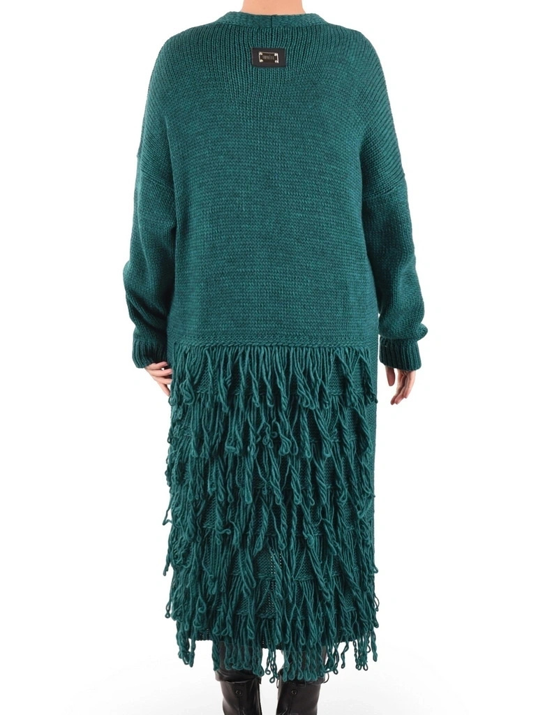 Elegancki sweter damski rozpinany w odcieniu butelkowej zieleni – luźny fason z frędzlami 40460