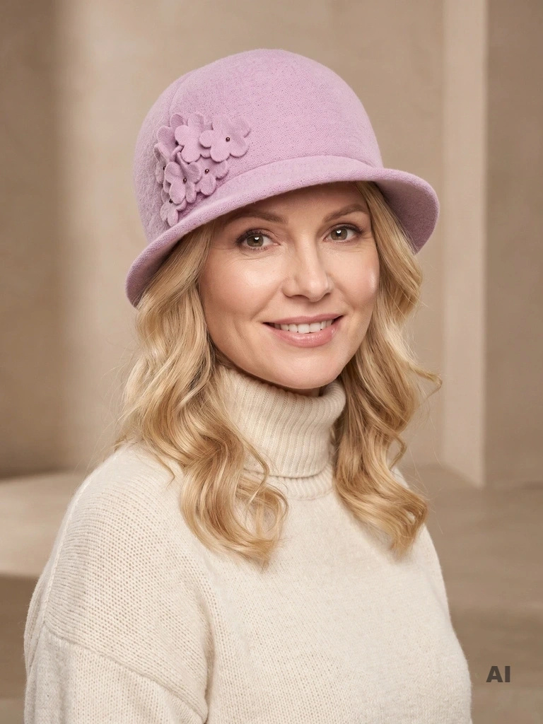 Elegancki kapelusz damski zimowy cloche – liliowy model z subtelną aplikacją 42389