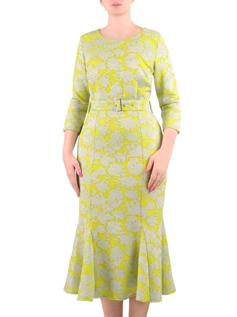 Szaro-limonkowa sukienka midi syrenka z godetami – pasek akcentujący talię i elegancki krój 35183