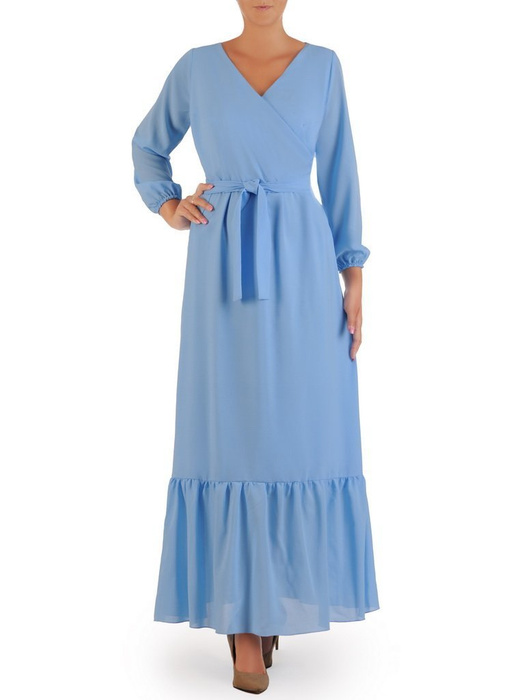 Błękitna, długa sukienka z wiązaniem w pasie 26837