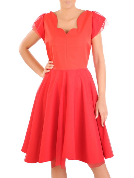 Czerwona sukienka damska z tiulowym dołem i rękawkami 33972