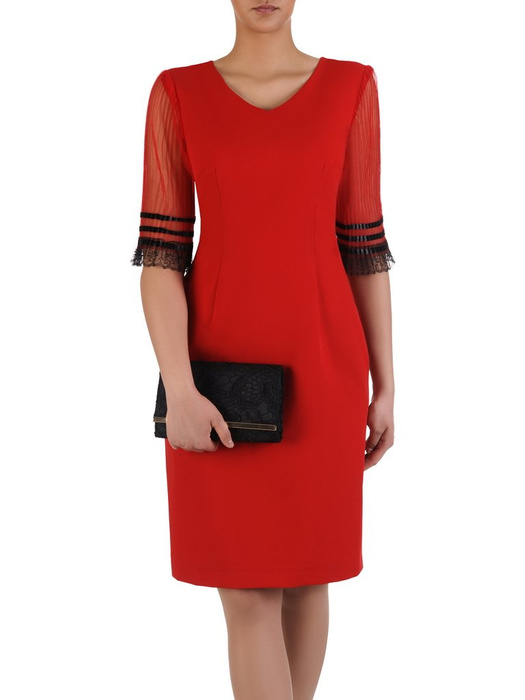 Czerwona sukienka z ażurowymi rękawami 15560, modna kreacja wizytowa.
