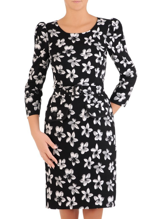 Elegancka czarna sukienka w kwiaty  z marszczonymi rękawami 27603