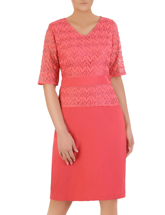 Elegancka sukienka damska z tkaniny i koronki w kolorze koralowym 32663