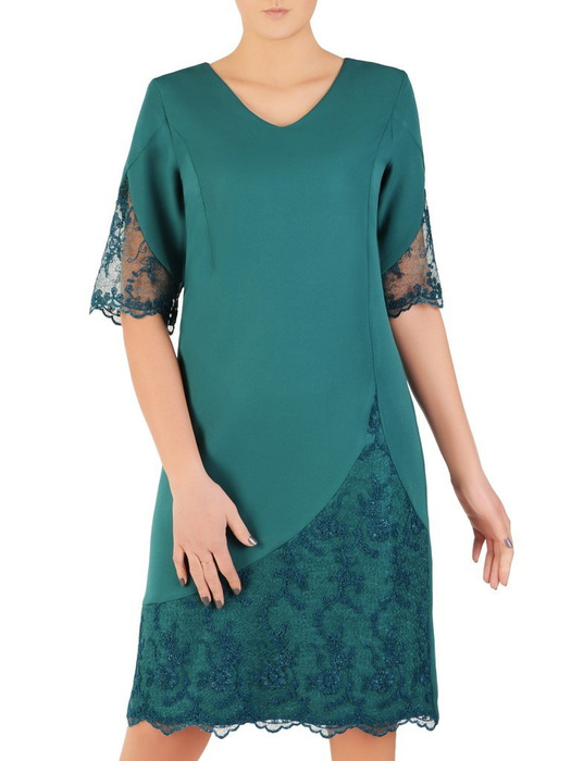 Elegancka zielona sukienka, kreacja ze wstawkami z koronki 28753