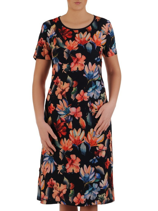 Granatowa sukienka w kwiaty, trapezowa kreacja z tkaniny 24933