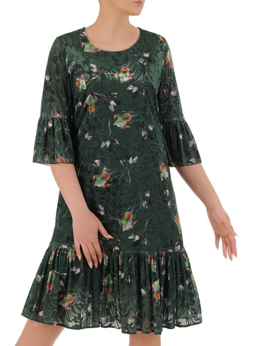 Luźna sukienka z ozdobnymi falbanami, zielona kreacja w kwiaty 20836