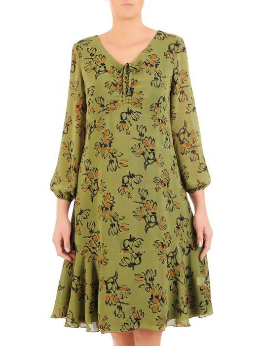 Luźna sukienka z szyfonu, kreacja z ozdobnym wiązaniem na dekolcie 30676
