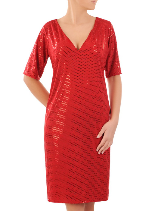 Prosta czerwona sukienka damska, kreacja z połyskującego materiału 30891
