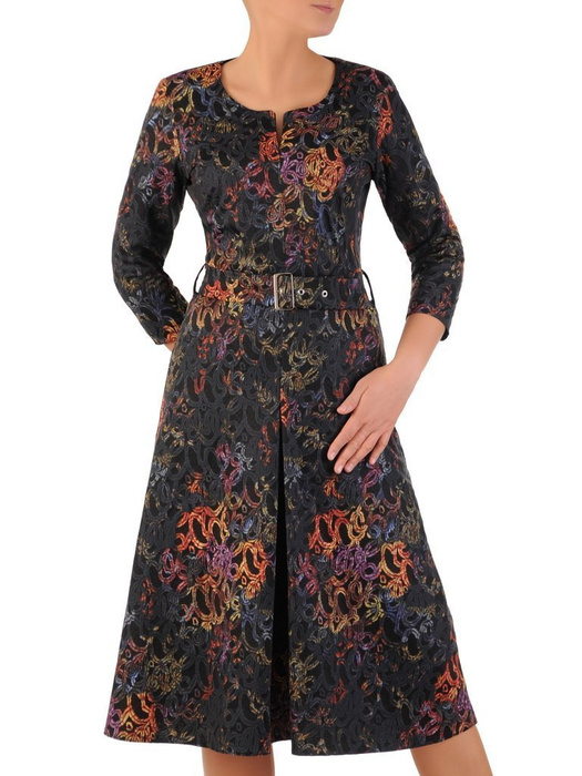 Rozkloszowana sukienka na jesień, kreacja z zamkiem przy dekolcie 23662