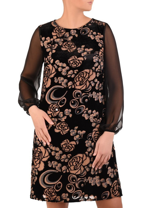 Trapezowa sukienka w kwiaty, kreacja z szyfonowymi rękawami 23805